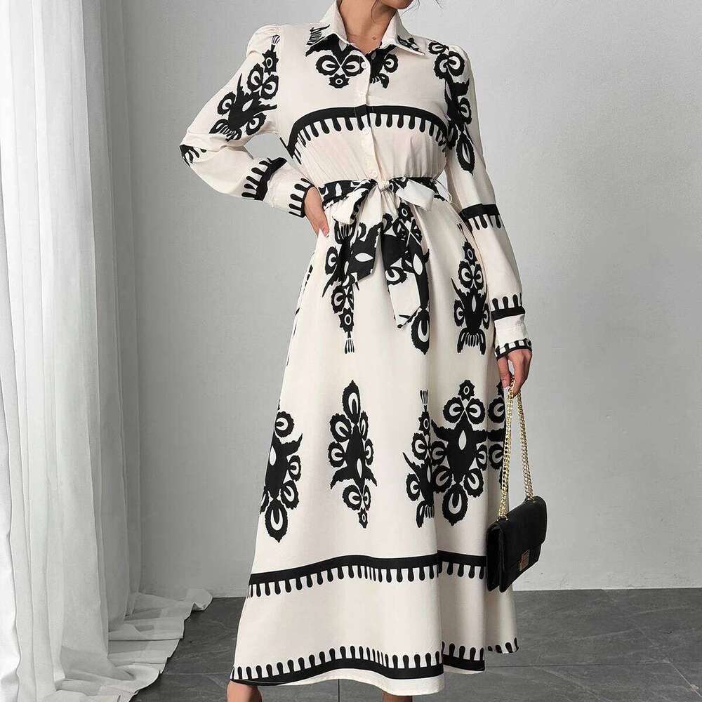 Women's Spring Summer White Black Dresses Retro Ethnic Print Shirt Collar Long Sleeve Tie Waist Midi Dress Elegant Casual Style XJ260130