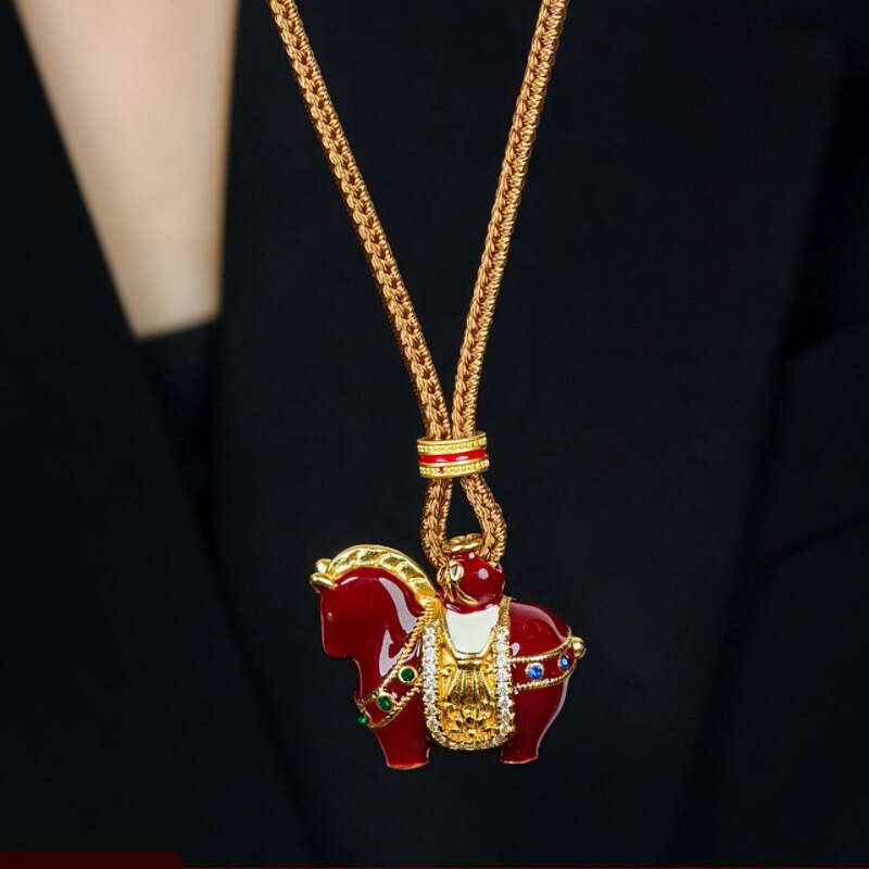 Enamel New Chinese National Style of the Zodiac Year Red Little Horse Pendant Woven Rope Long Sweater Chain High-end Feel
