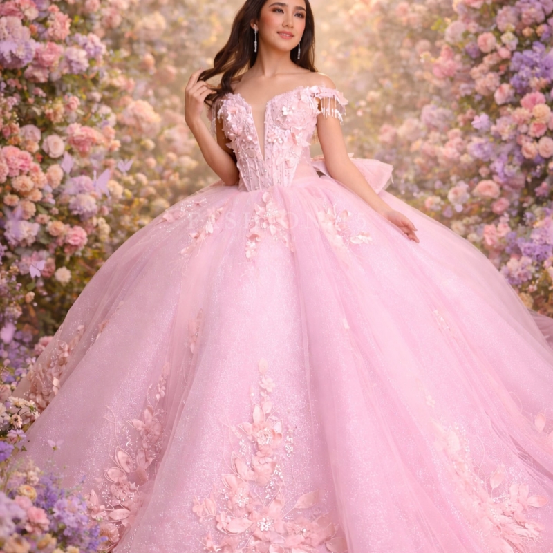 Pink Shiny Princess Sweet 16 Dress Quinceanera Dresses Applique Flower Beading Crystal Corset Tull Party Birthday Vestidos 15 De Anos