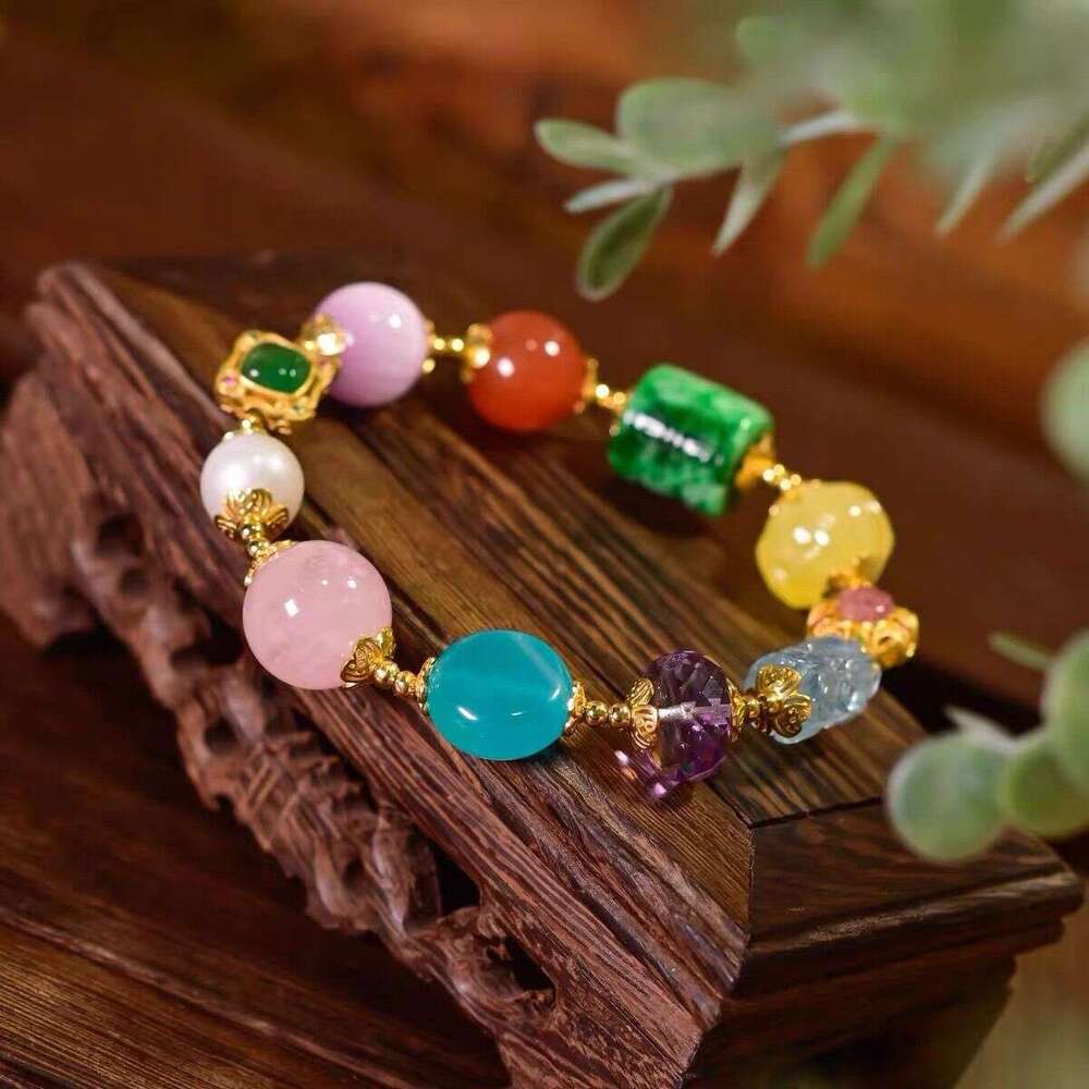 New Chinese Multi-Gemstone Handheld Jade String Natural South Red Aquamarine Sugar Cube Wealth Attraction Fortune Transfer Tang Style Original Design