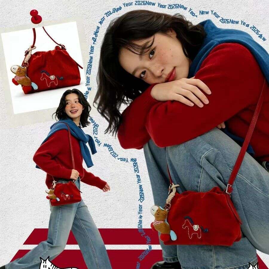 2026 New Year Cute Pony Embroidered Drawstring For Women Red Single Shoulder Crossbody Bag Versatile Handbag Evergwish