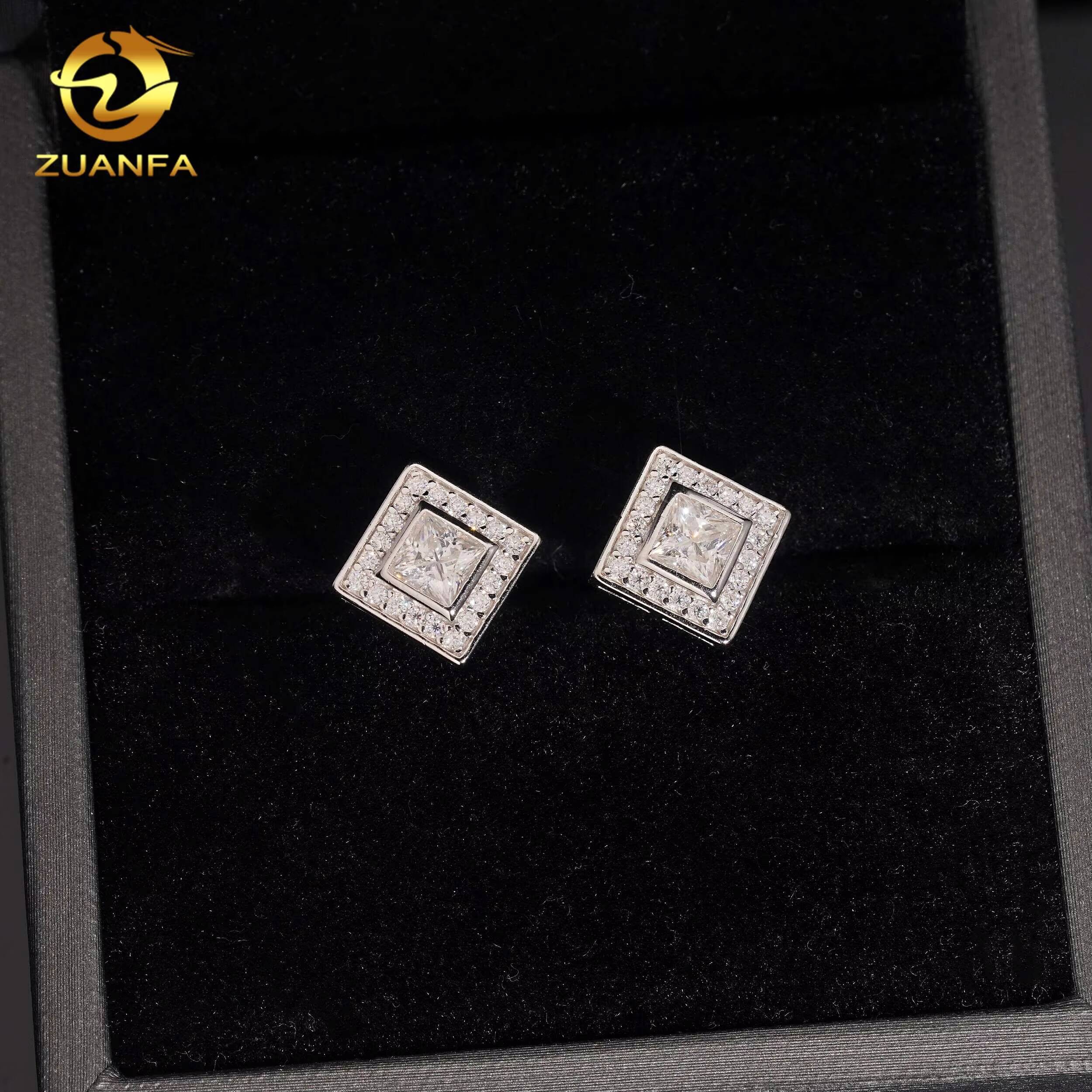 Hip Hop Jewelry Square Iced Out Halo Moissanite Earrings Screw Back Stud Earrings 925 Silver Hip Hop Earrings Ready to Ship