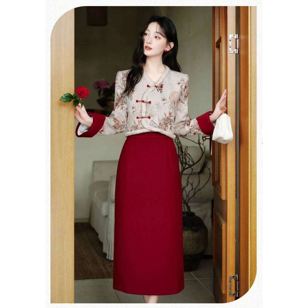 Mardi Hefxessdr Qipao Jacket Coat Embroidered V neck Red Short Skirt New Year s Women Outfits Traditional Chinese Clothing