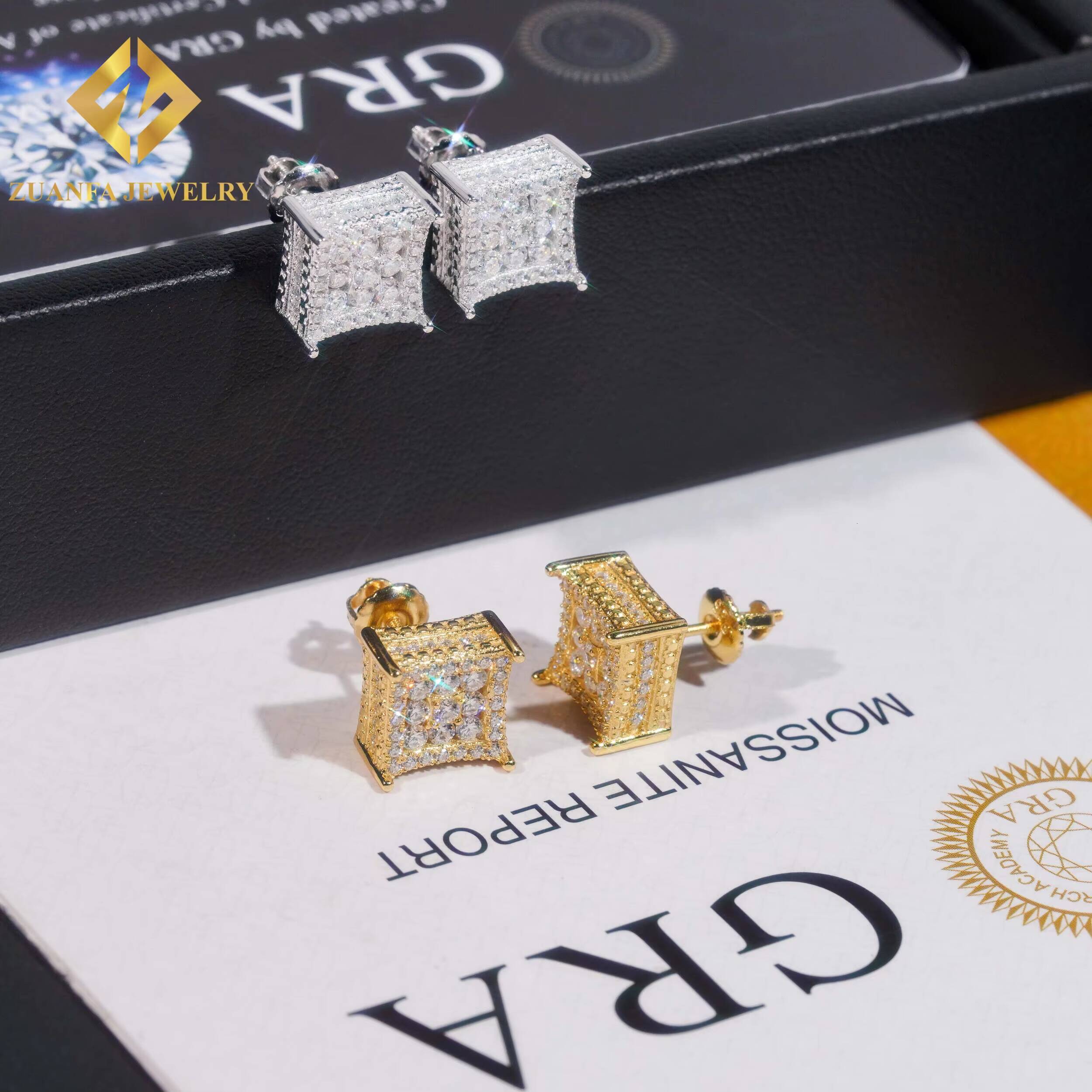 1010mm Square Stud Earring 925 Silver Moissanite Stud Hip Hop Fine Jewelry Stud Earring for Men Women