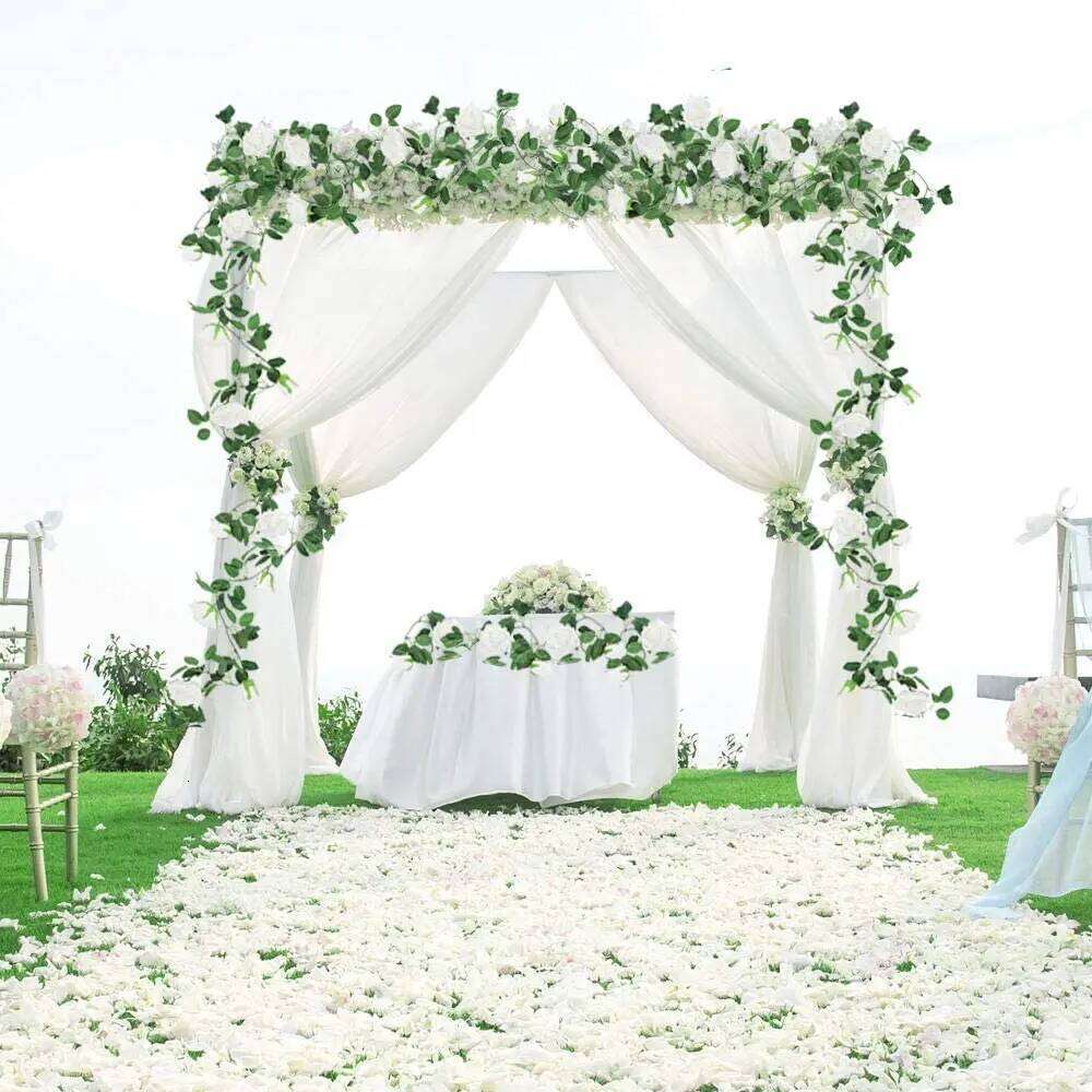 3PCS 2M Fake Rose Artificial Silk White Flower Vines Hanging Floral Garland Wedding Flowers String Party Garden Decor W260130