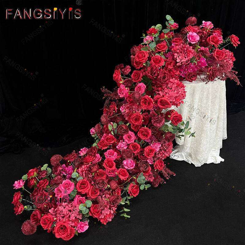 Red Wedding Backdrop Decor Floor Flower Row Runner Event Table Centerpieces Ball White Rose Floral Strip Arrangement Party Props Y260130