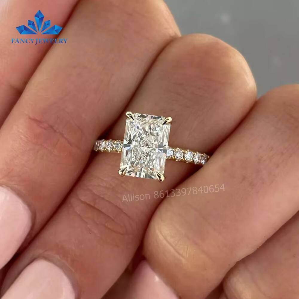 Fancy Jewelry Hot Selling Hybrid Radiant 4CT Solitaire Hidden Halo Engagement Rings with Pave Wedding Bands
