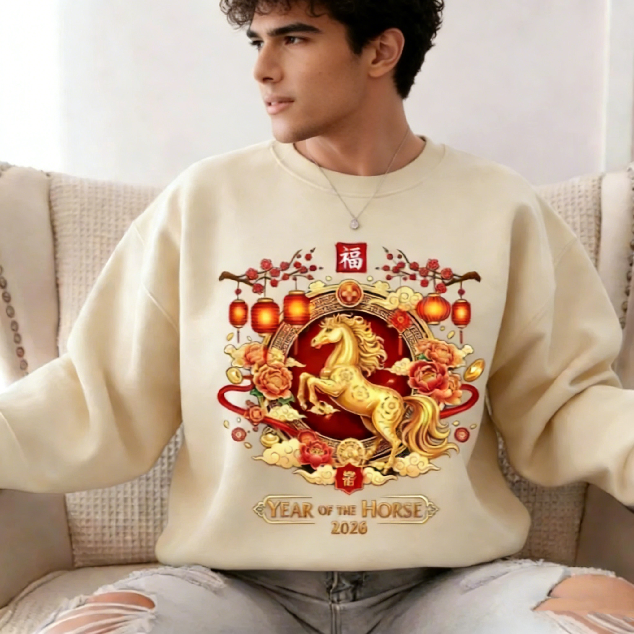 2026 Year of The Horse Men Unisex Sweatshirt Chinese New Year Sweater Chinese Horse Sweatshirt Winter Warm Pullover Clothes