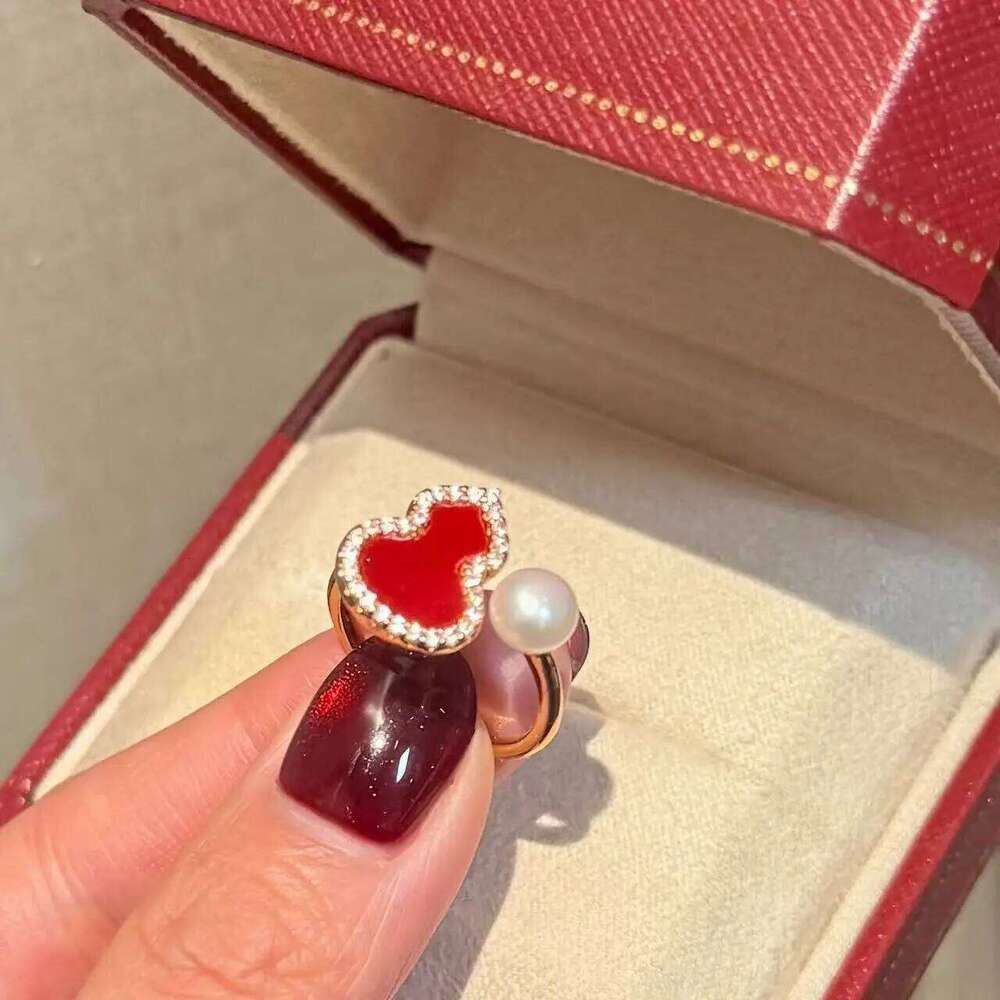 High-Quality Natural Freshwater Pearl 14K Gold-Plated Red Gourd Fu Lu Ring Celebratory Jewelry for New Year