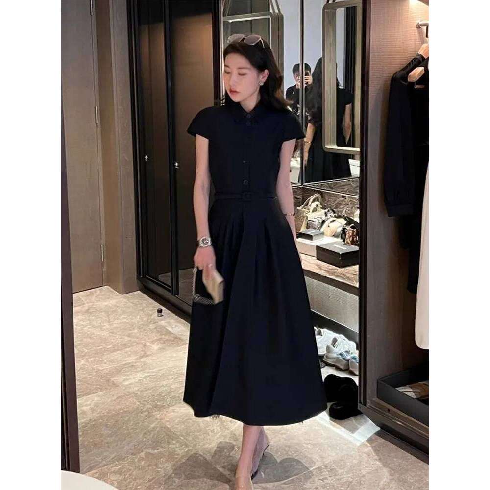 Ladies fashion French Hepburn commuter solid color umbrella dress, black short-sleeved shirtdress XJ260130