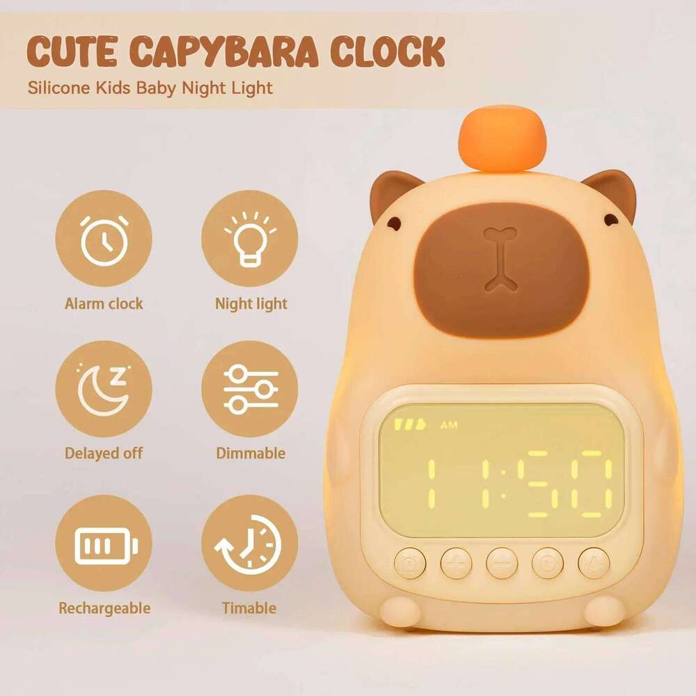 Cute Cartoon Capybara Silicone Light Rechargeable Digital Alarm Led Night Lamp Touch Snooze Always-on Table Clock W260130