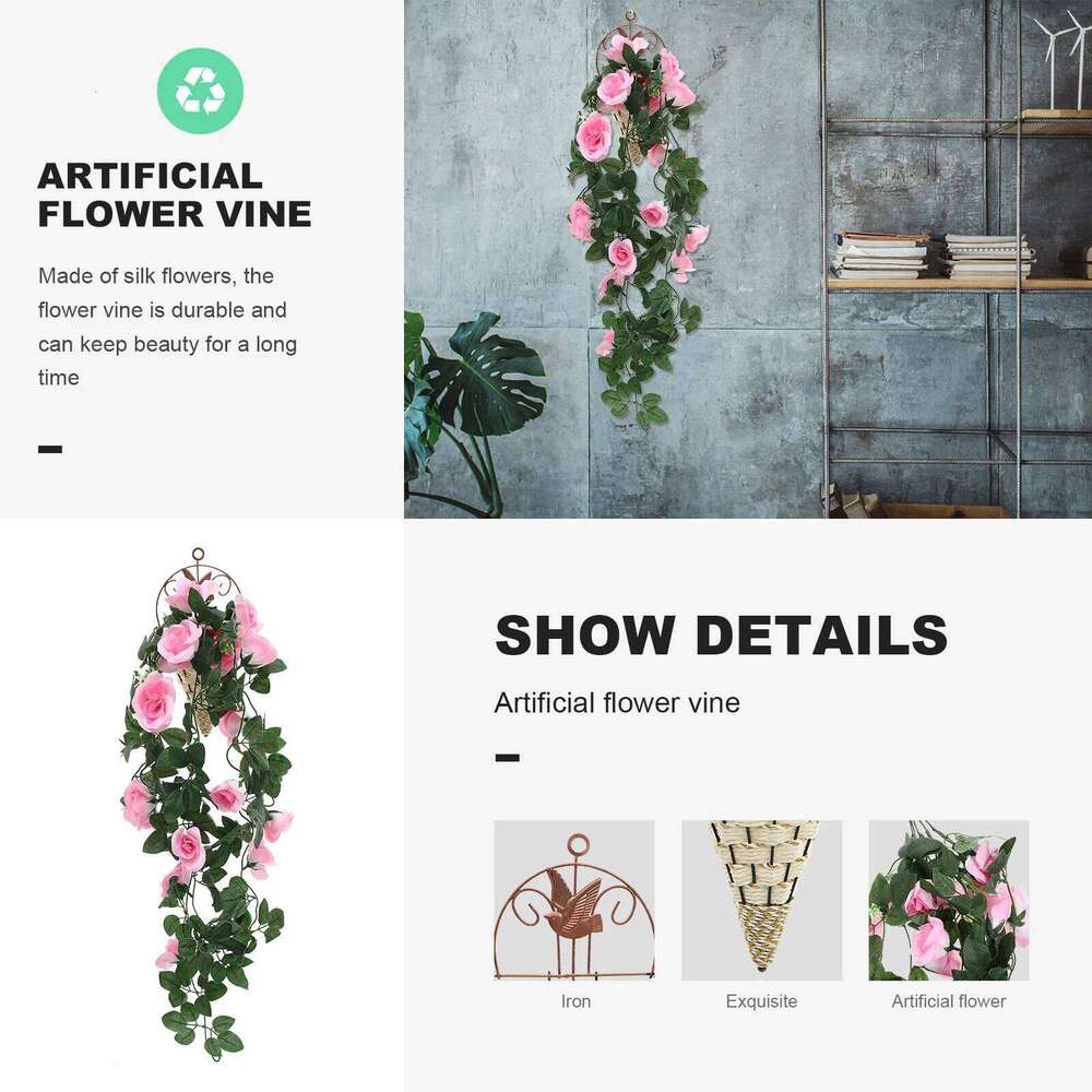 1Set Fake Rose Vine in Basket Lifelike Artificial Hanging Flower Vines for Aisle Balcony Cafe Restaurant Decor W260130