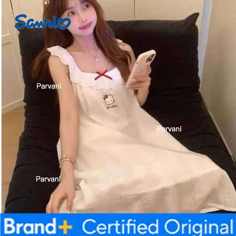 Sanrio Hello Kitty Women's Kawaii Cartoon Summer Young Girl Sleeveless Sleeping Pajamas Long Skirt Home Clothes H260130