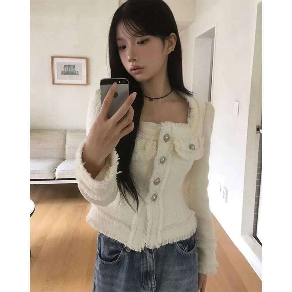 ZHE HAN Cropped Tweed Jacket Women Vintage Tassel Patchwork Black Coats Autumn Korean Elegant Square Collar Long Sleeve Outerwears