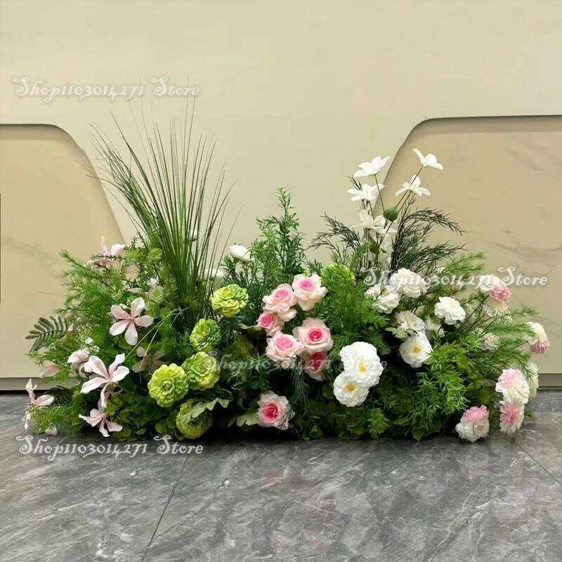 Green Leaf Silk Rose White Hydrangea Floor Flowers Row Wedding Table Floral Commercial Plaza Partition Hotel scene Layout Decor Y260130