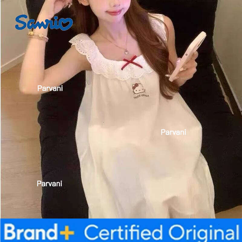 Sanrio Hello Kitty Women's Kawaii Cartoon Summer Young Girl Sleeveless Sleeping Pajamas Long Skirt Home Clothes H260130