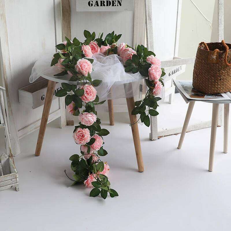 Pink Silk Peony Rose Flower Artificial Ivy Rattan Wedding Party Wall Hanging Garland Home Garden Decoration Green Plants Y260130