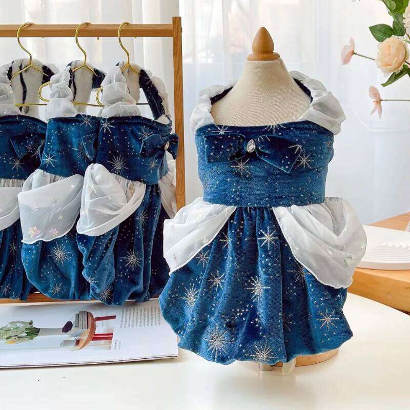 Ins Deep Blue Starry Autumn/Winter Warm Cat Clothes Velvet Princess Thick Dog Skirt Puppy Dresses Pet Clothing H260129