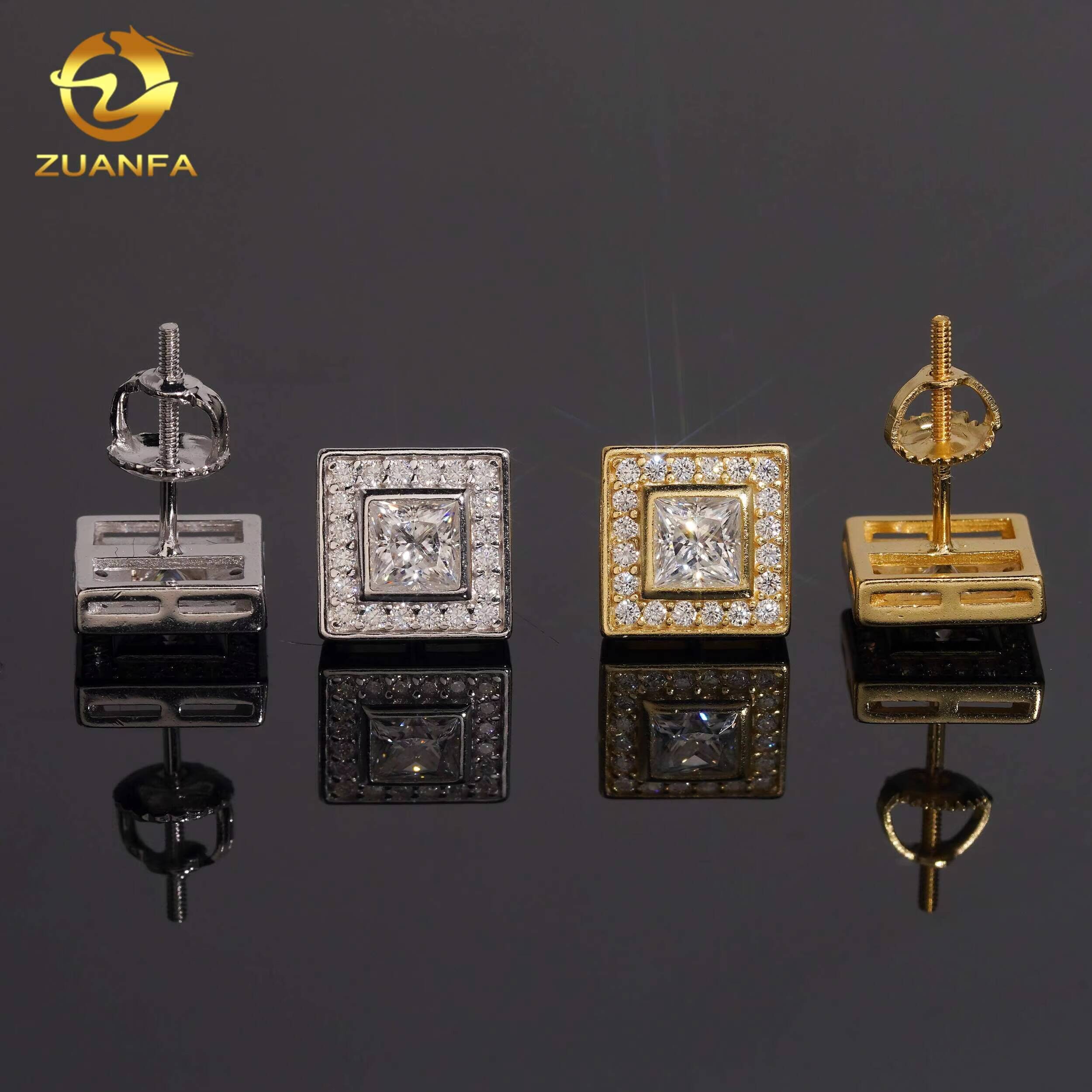 Hip Hop Jewelry Square Iced Out Halo Moissanite Earrings Screw Back Stud Earrings 925 Silver Hip Hop Earrings Ready to Ship