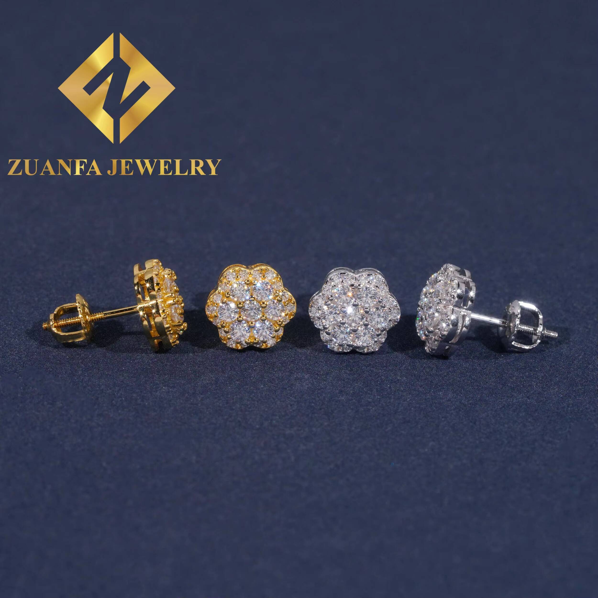 USA Warehouse Stock Drop Shipping Hot Selling Sun Flower Design Stud Earring 925 Sterling Silver VVS Moissanite Iced Out Style