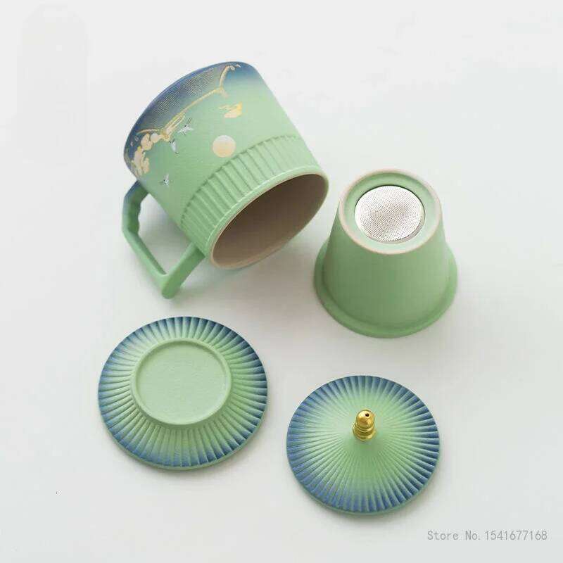 Creative Ceramic Tea Cup with Cover, Chinese Style Crane Pattern Office Supplies, Handle Teacup Separation Filter Water Mug, 1Pc