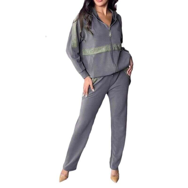Women Sport Leisure Suit Fall Fashion Diamonds Patchwork Piece Sets Casual Zipper Hooded Sweatshirt Coat Long Pants Women Outfit Winter Sportswear Sui