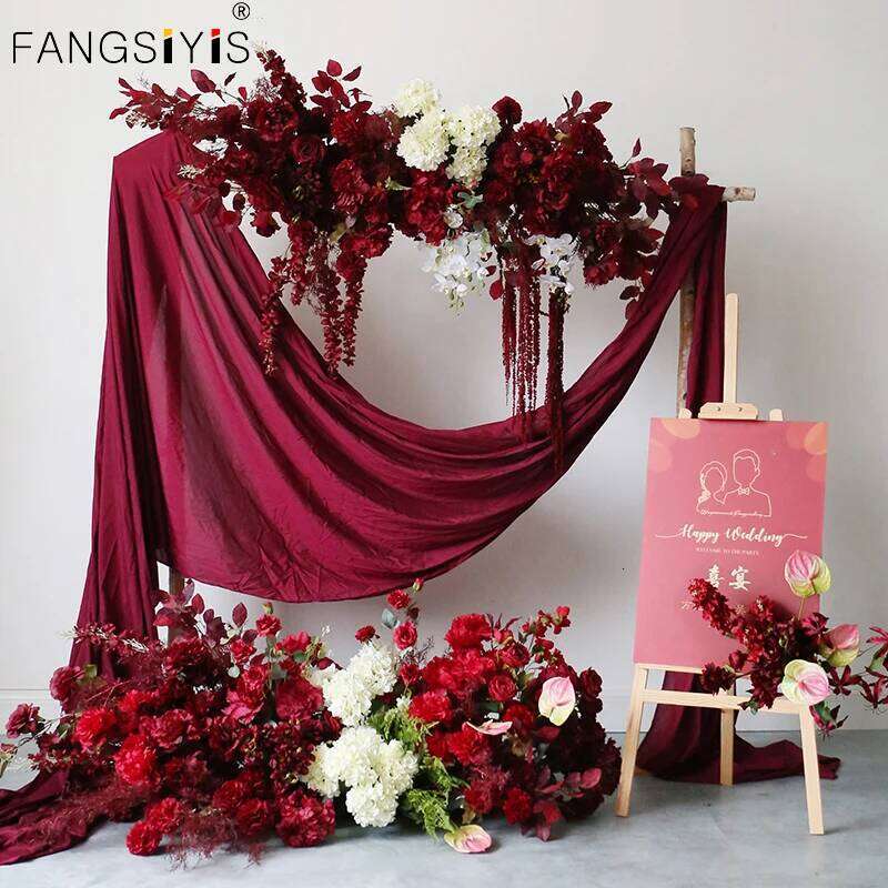 Custom Crimson colour Artificial Row Wedding Arch Decor Backdrop Flower Arrangement Props Stage Road Guide Flowers Wall Y260130