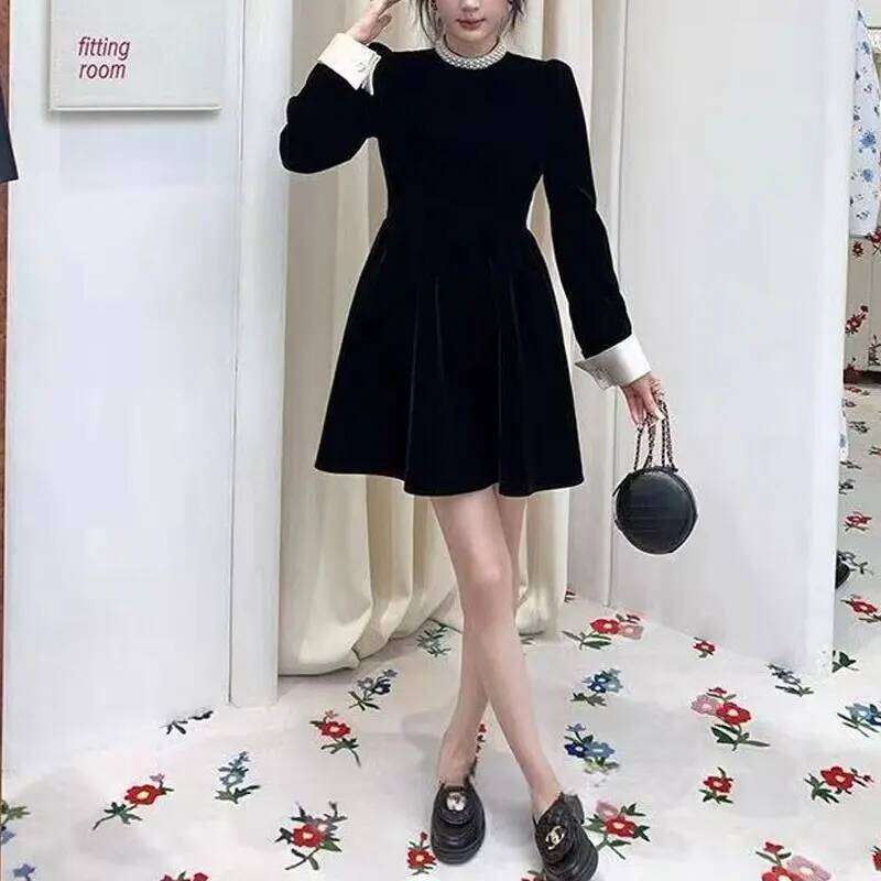 Fashion Beading Mini Dress Round Neck Spring Autumn Solid Color Women's Clothing Aura Elegant A-Line Waist Basic Spliced Dresses XJ260225