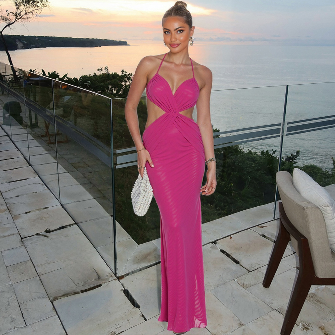 2025 Summer New Sexy Hot Girl See-through Backless Tie Halter Long Dress Womens Clothing 250529