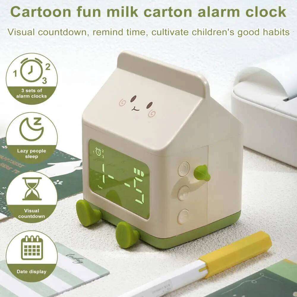 Type-c Rechargeable Milk Box Shape Children's Alarm Clock with Large Screen for Bedroom W260130