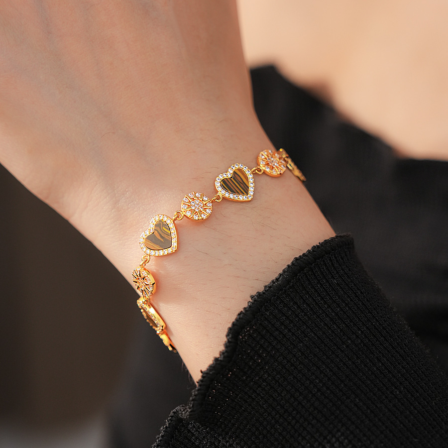 18K Real Gold Plated Zircon Gourd Heart Adjustable Vintage Exquisite Bracelet Light Luxury High-end Feel Jewelry