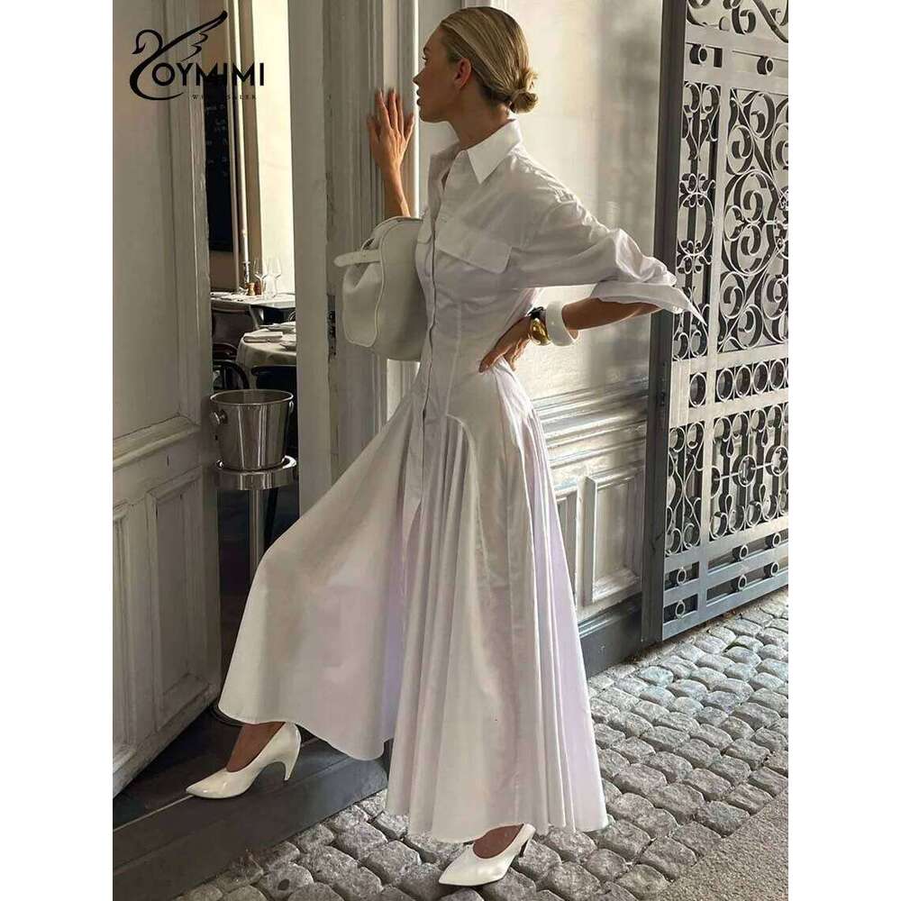 Oymimi Elegant White Lapel Women's Dress Fashion Three Quarter Sleeve Pockets Casual Button Pleated Ankle-Length Dresses XJ260130