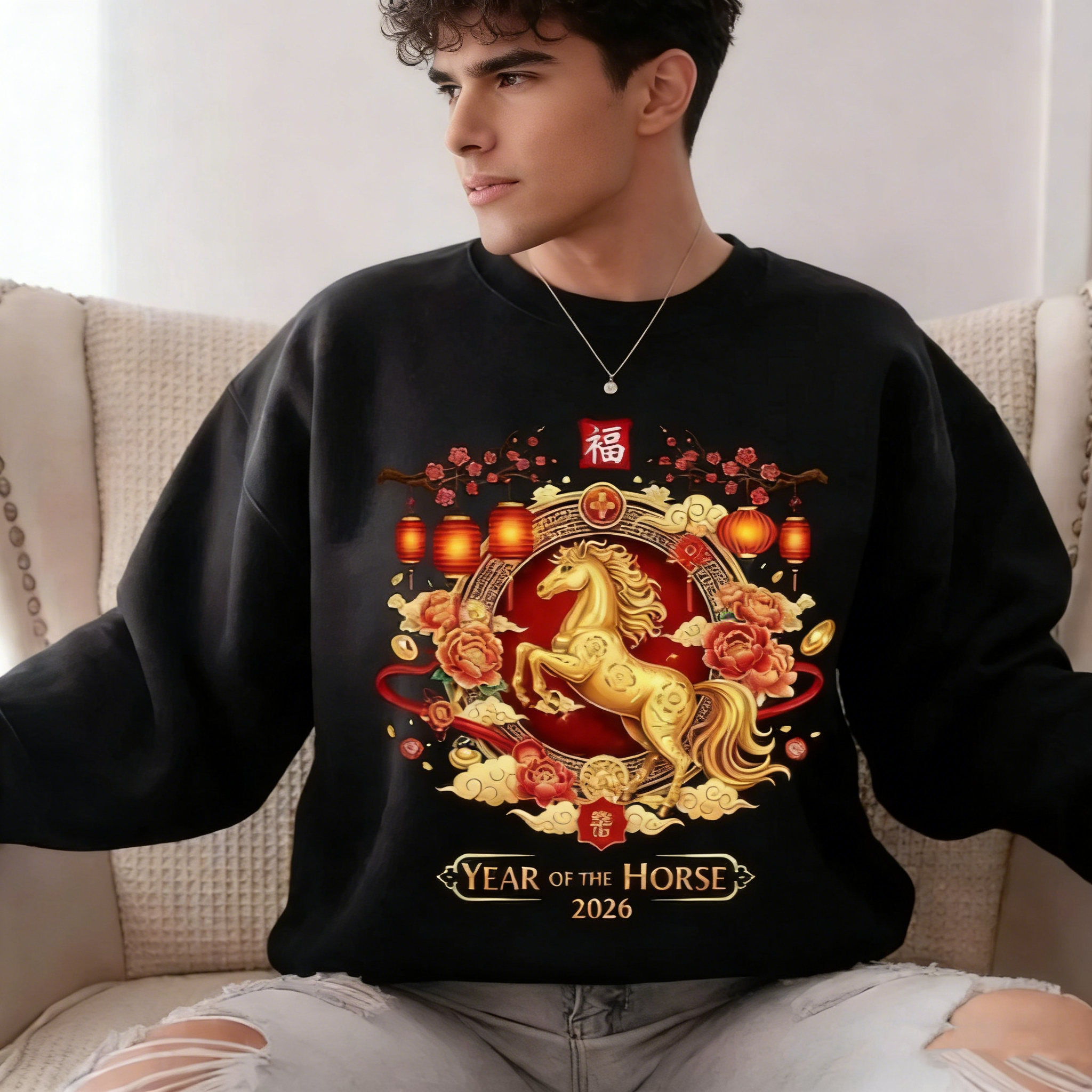 2026 Year of The Horse Men Unisex Sweatshirt Chinese New Year Sweater Chinese Horse Sweatshirt Winter Warm Pullover Clothes