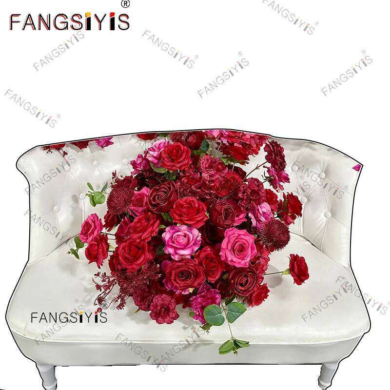 Red Wedding Backdrop Decor Floor Flower Row Runner Event Table Centerpieces Ball White Rose Floral Strip Arrangement Party Props W260130
