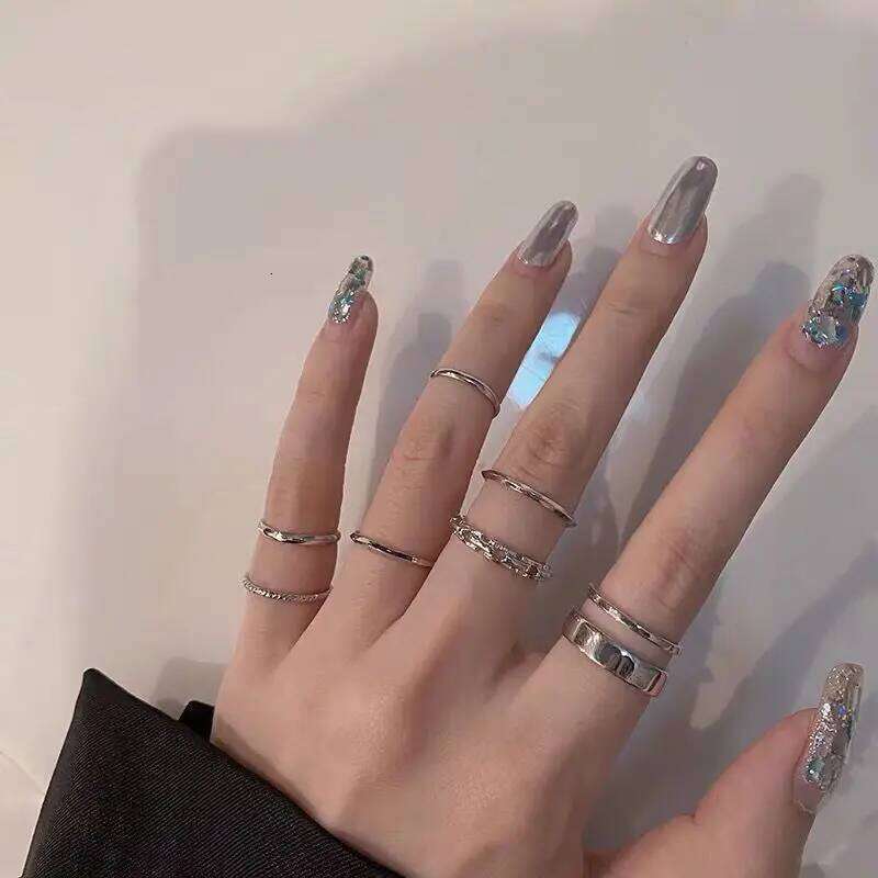 Fashion 7Pcs Set Punk Simple for Women Silver Color Geometric Vintage Joint Hiphop Finger Ring Jewelry Niche Design Rings XJ260130