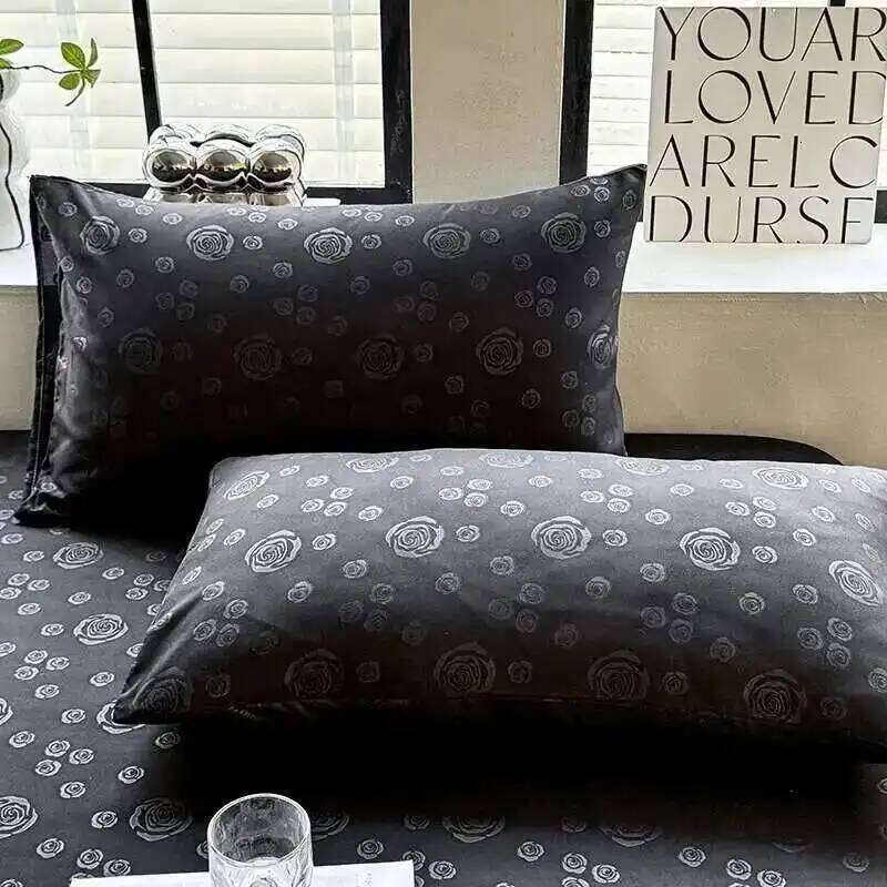 Set Queen/King Size Solid Color & Rose Printed Bed Sheet Fitted Sheets For Double Beds Linen Set, Luxury Bedding