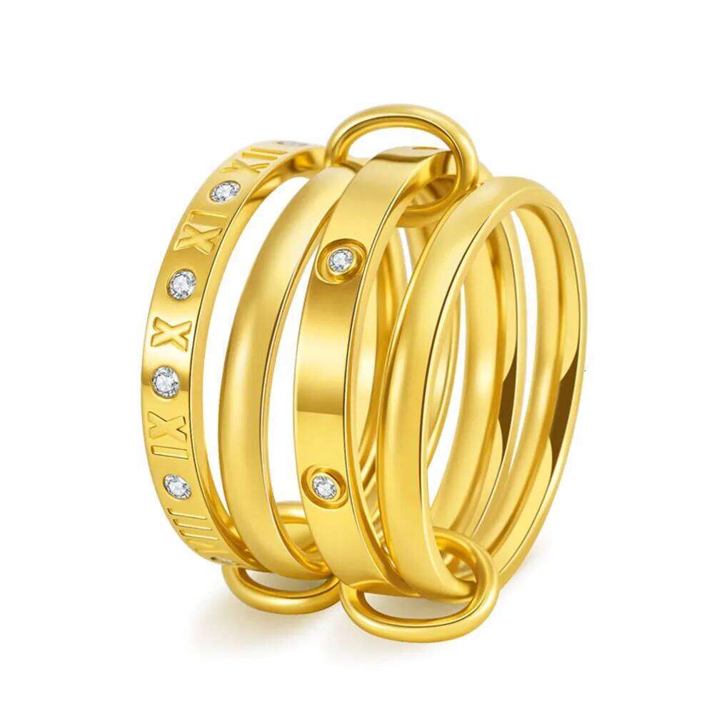 Premium diamond-set triple titanium steel women's stacked plain 18K gold temperament ring interlocking rin XJ260130