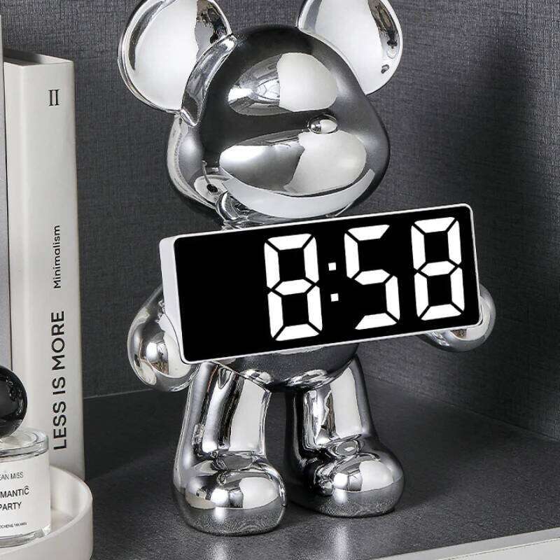 Creative Resin Miniature Clock Figurines Table Ornament Bear Animal Model LED Alarm Battery/Plug-in Use for Home Decor W260130
