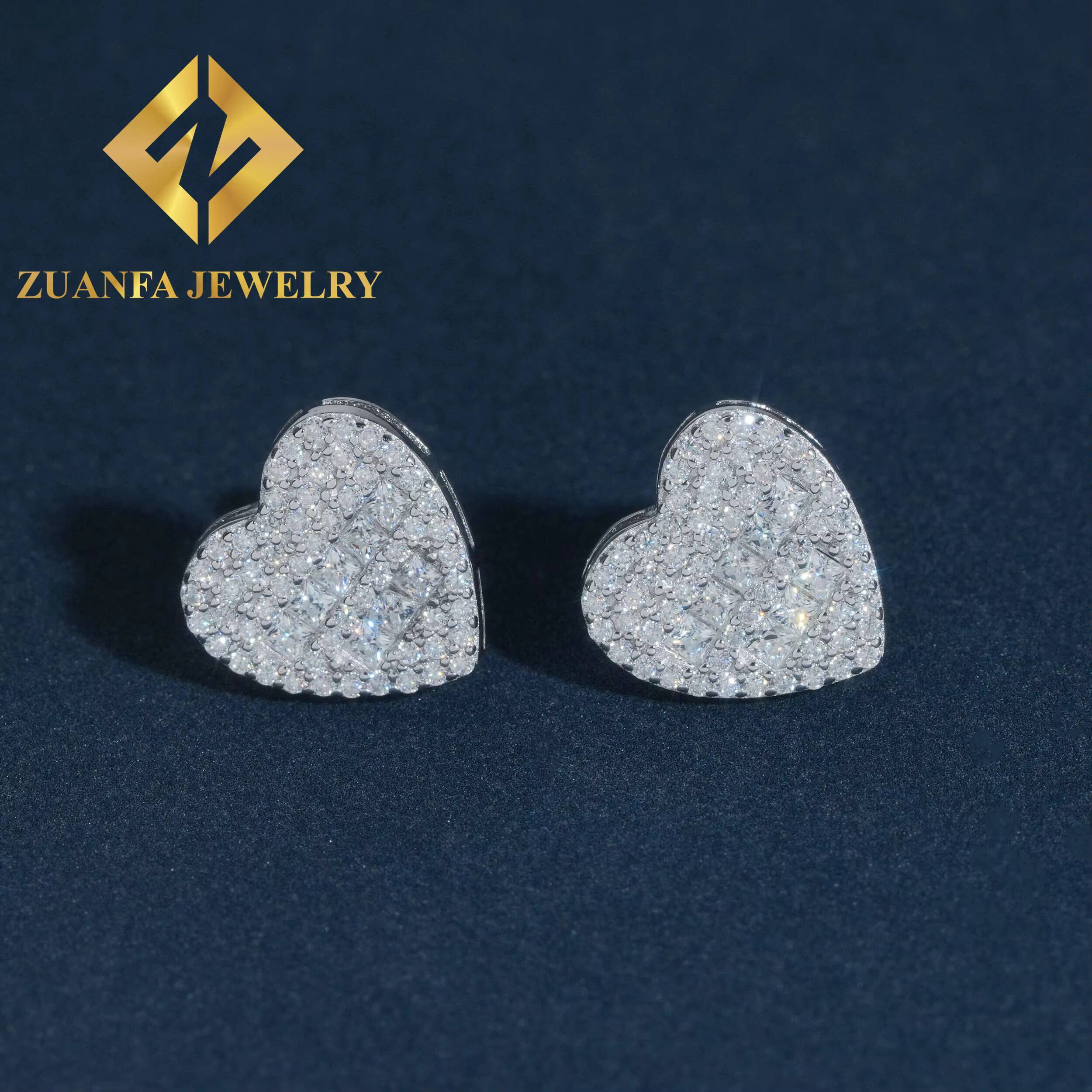Wholesale Price Heart Shape Stud Earring Hip Hop 925 Sterling Silver baguette Moissanite Luxury Stud Earring