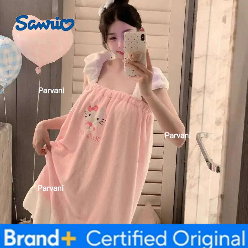 Sanrio 2026 New Women's Cute Kitten Warm Fluffy Sleepwear Ladies Soft Comfort Nightdress Casual Home Wear Autumn Winter Bath Towel H260130