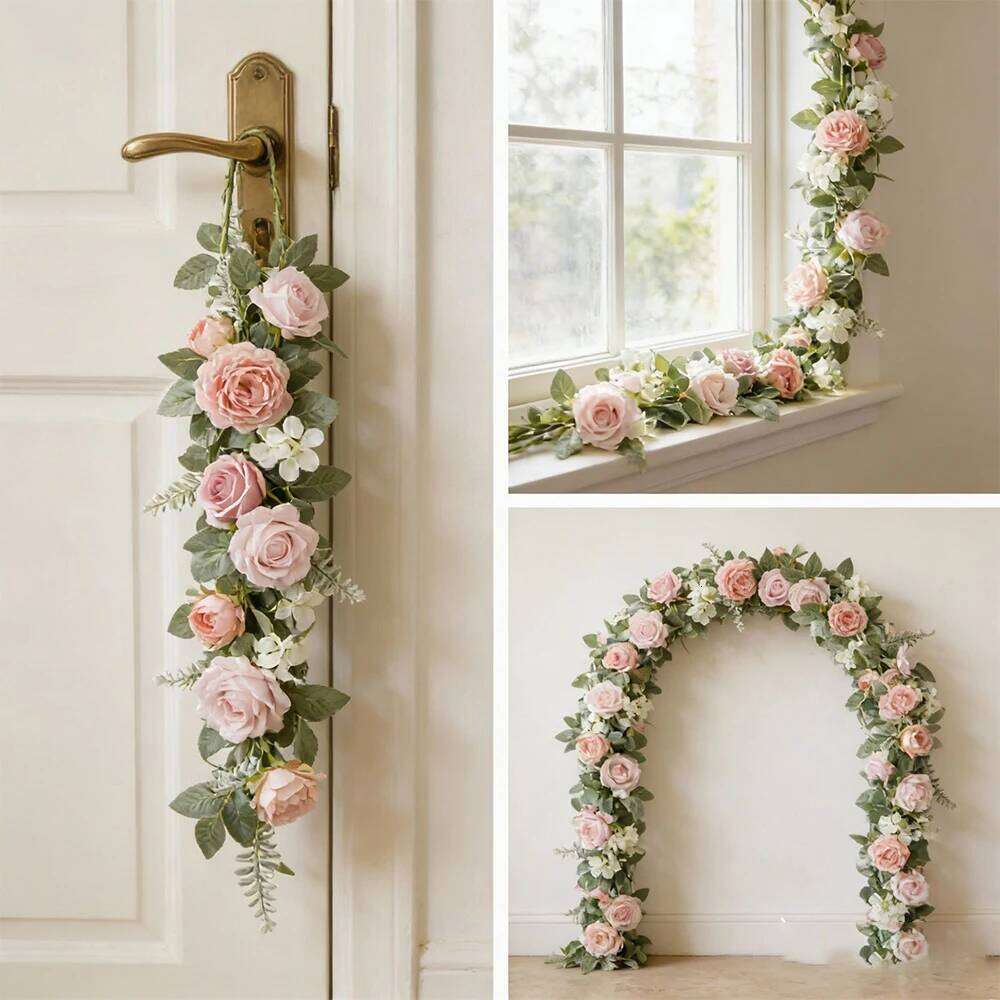 Pink Rose Artificial Flowers Garland 1/2pcs 6.5Ft Hanging Greenery Vine for Wall Backdrop Valentines Day Wedding Home Room Decor W260130
