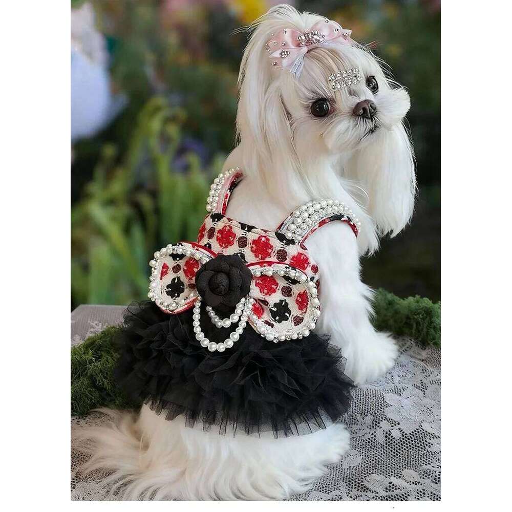 Gentry Girl-Style Pearl Bow Winter Halter Pet High-End Custom Dog Chiffon Dress H260129