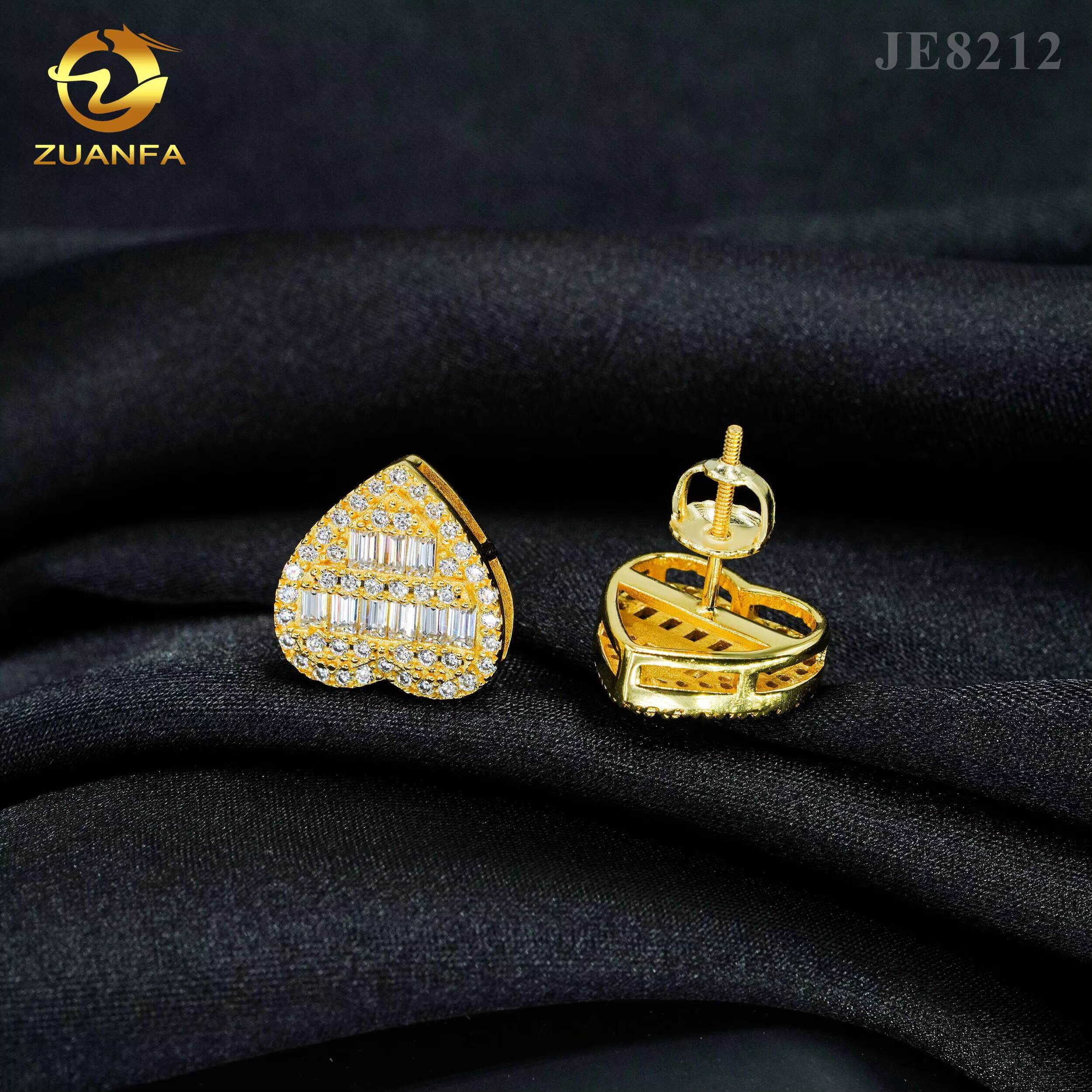 Fine jewelry 925 sterling silver heart design earring studs screw back women men vvs baguette diamond moissanite earring stud