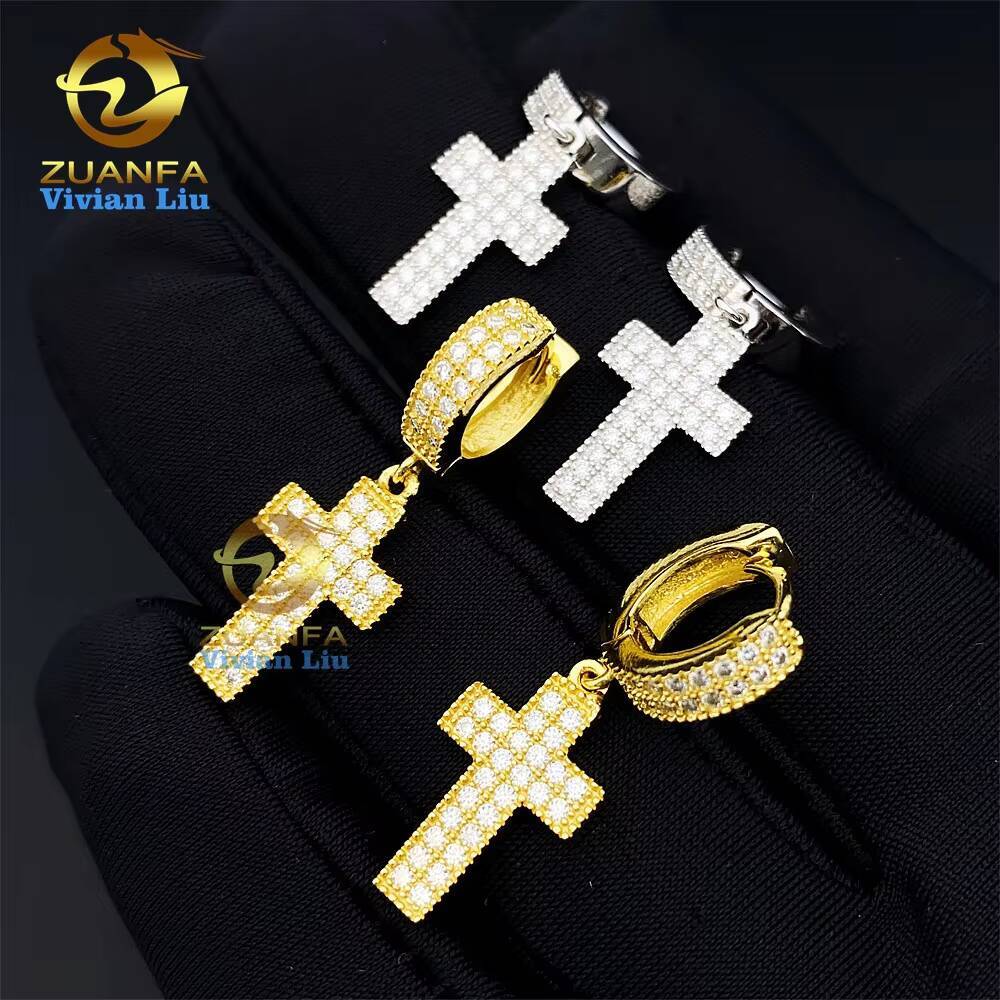 Bulk Stock Best Selling Drop Shipping Gold Plated 925 Silver Iced Out Hip Hop Moissanite Diamond Cross Shape Drop Earrings Men