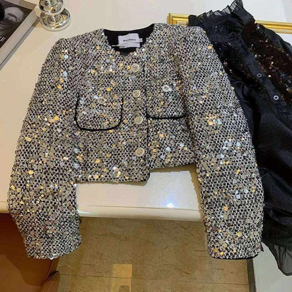 ZHE HAN Elegant Sequins Tweed Women Jackets Spring New Long Sleeve Casual Female Coat Y2k Korean Chic All Match Dance Party Lady Outwear
