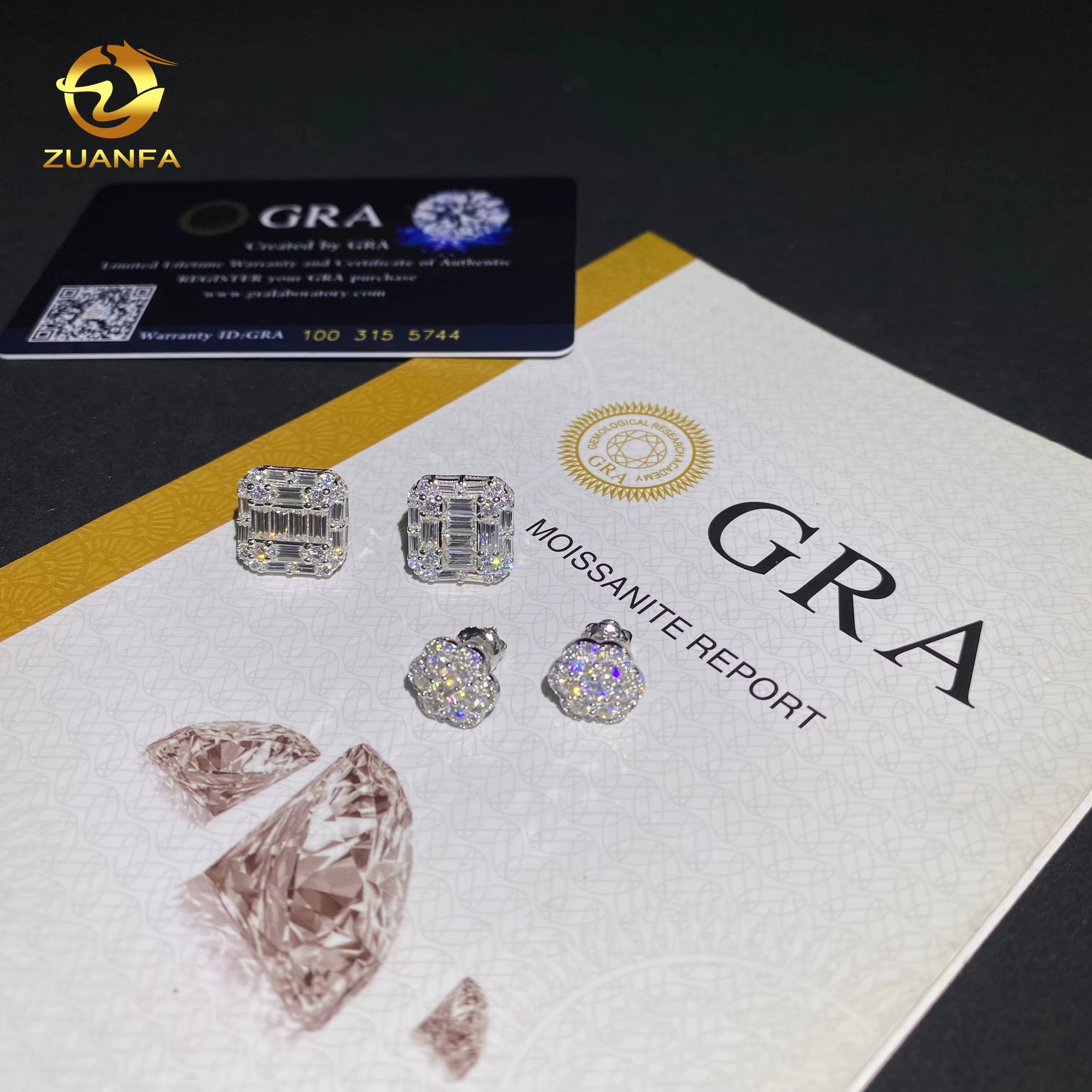 Fashion Hip Hop Jewelry Baguette Iced Out Ear Stud VVS D Moissanite Diamond 925 Silver Flower Stud Earrings GRA Certificate