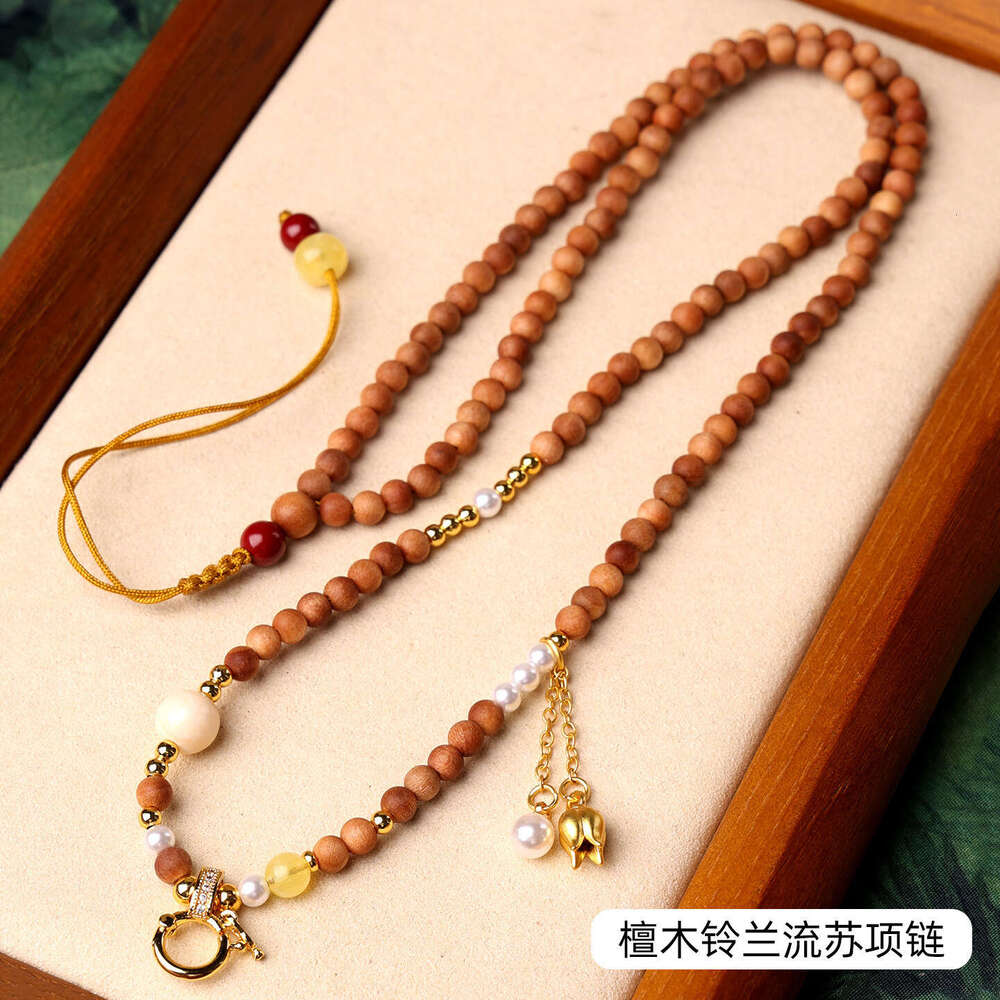 Old Mountain Sandalwood Bead Song Brocade Gourd Bell Orchid Tassel Inlaid Diamond Quick Release Buckle Necklace National New Chinese Style Qipao Acces