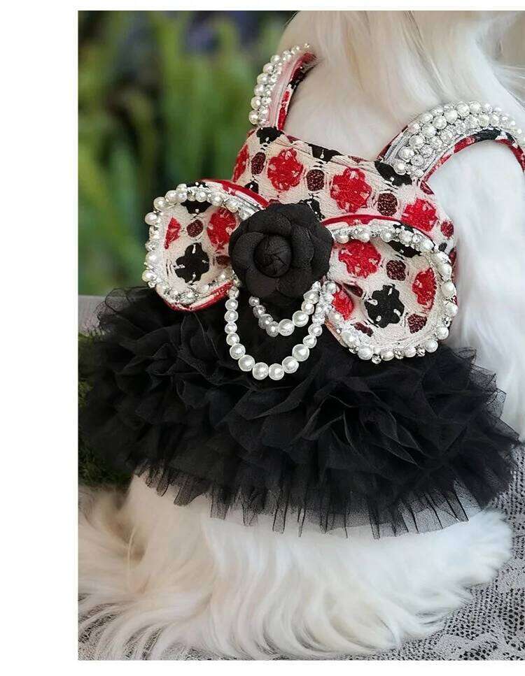 Gentry Girl-Style Pearl Bow Winter Halter Pet High-End Custom Dog Chiffon Dress H260129