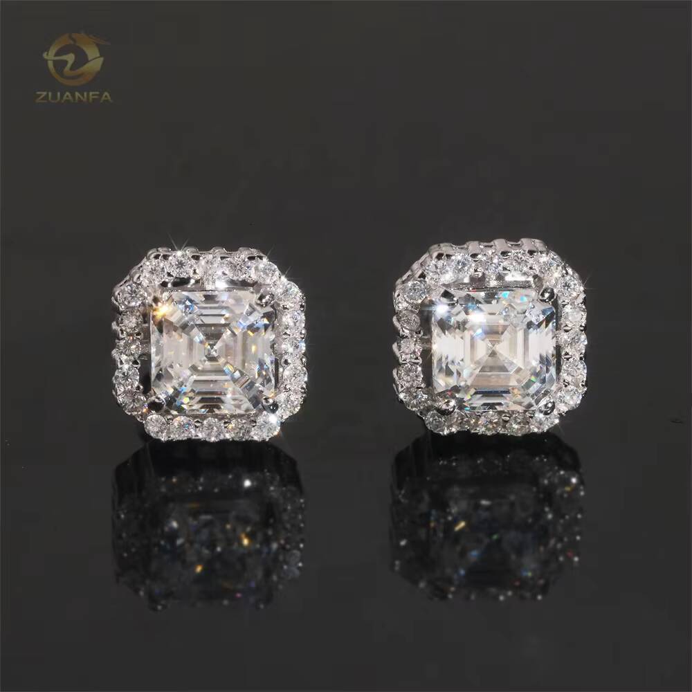 Wholesale Price Hip Hop Halo Asscher Cut Gemstones VVS Moissanite Silver Men Gold Plated Earrings