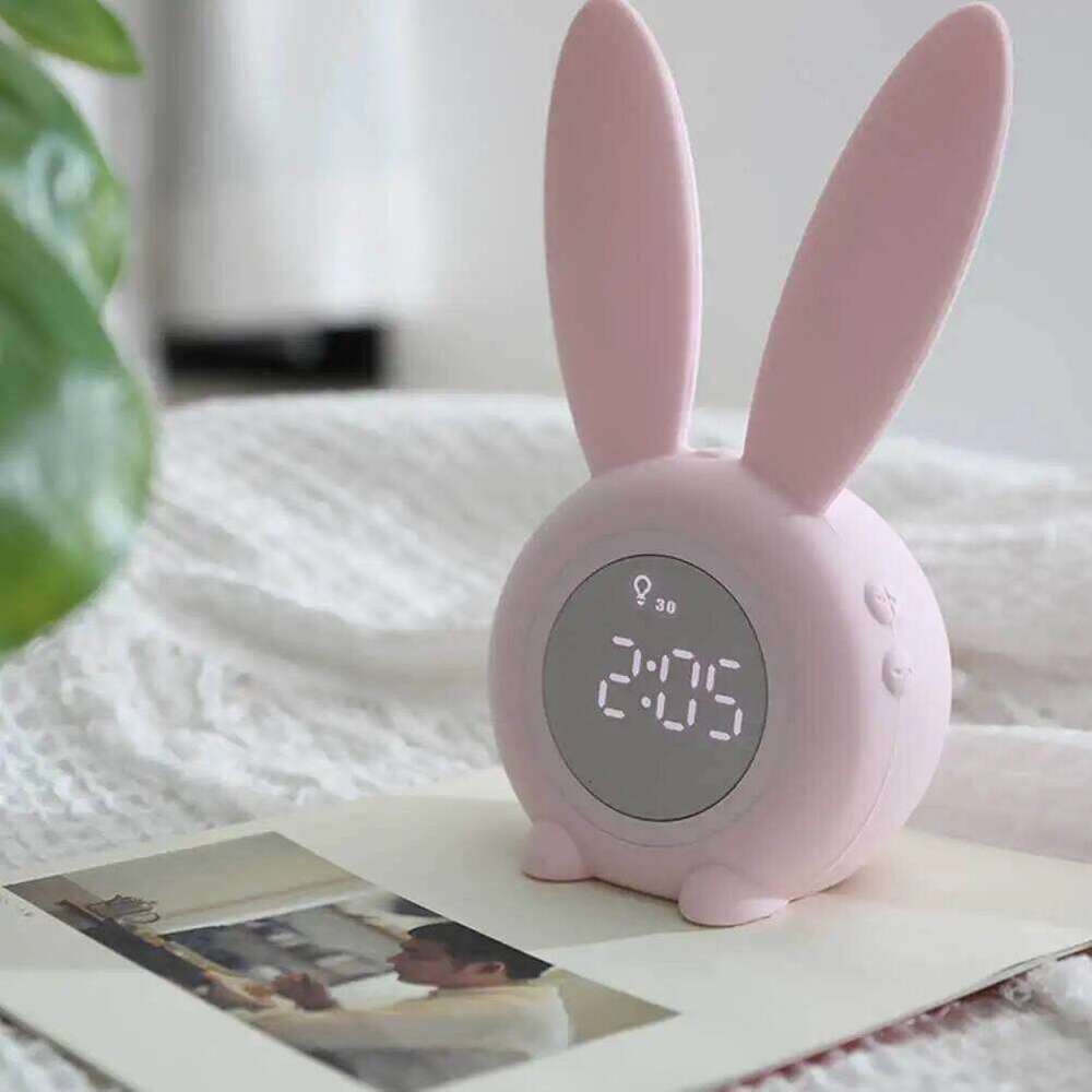 Rabbit Cartoon Alarm Pink Bedside Timer Luminous Design Night Light Students Table Clock Quiet Sleep Decor Gift W260130